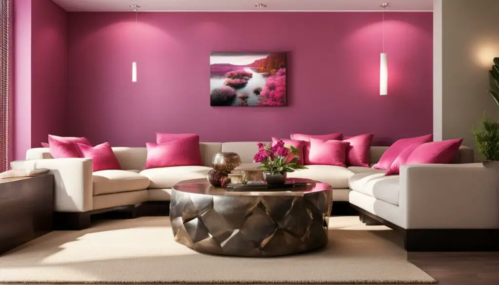 Clean and harmonious living room love corner with symbolic artwork, pink pillows, and soft lighting