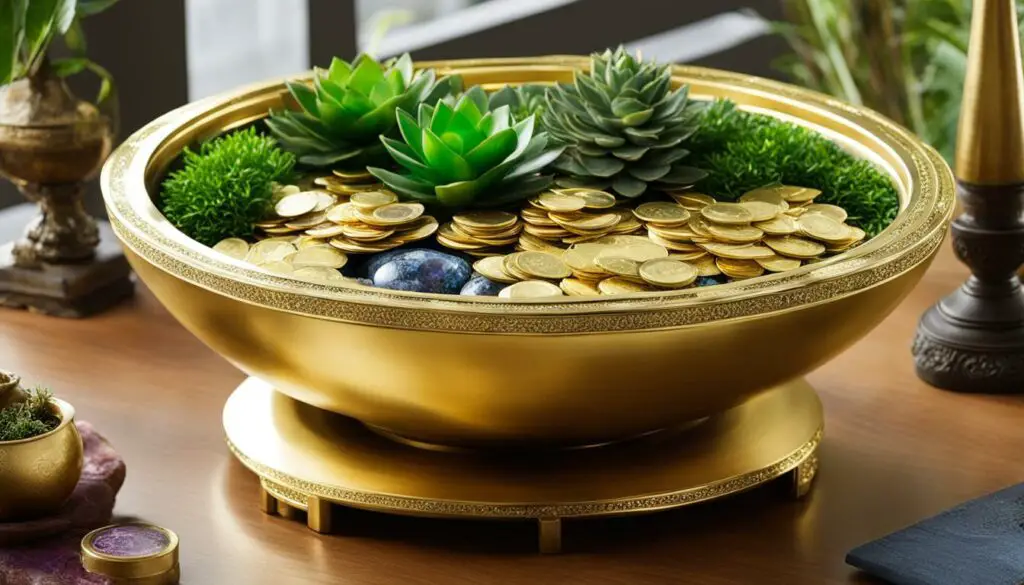 Feng Shui Money Bowl with coins, crystals, and plants