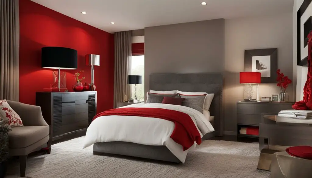 bedroom with red accent wall