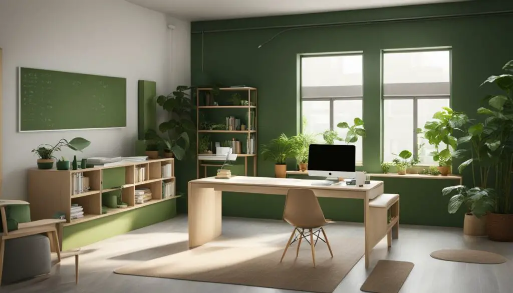 feng shui classroom with computer and plants