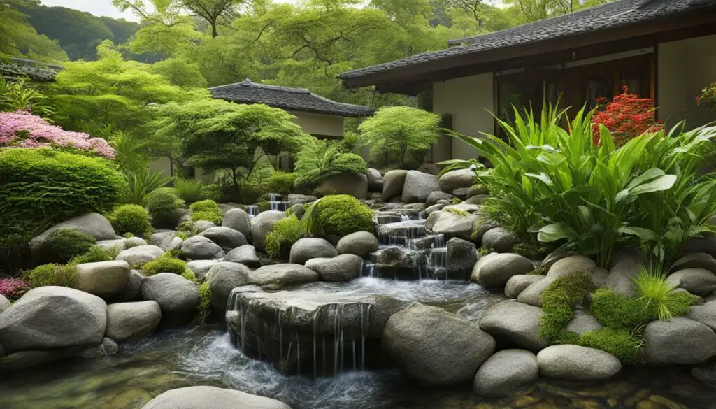 feng shui garden with rocks and wind chime