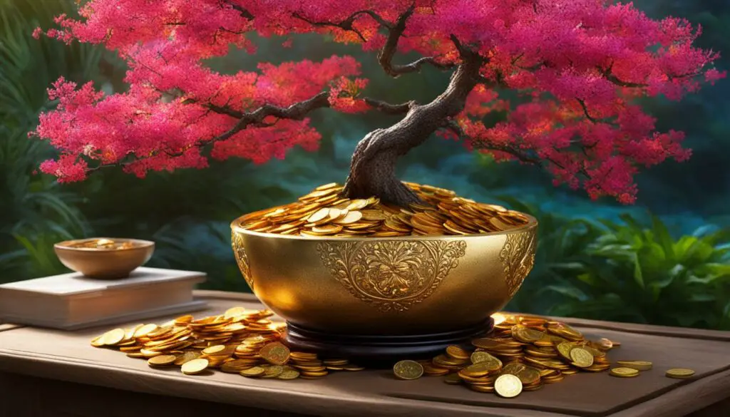 feng shui money bowl with coins and an abundance tree
