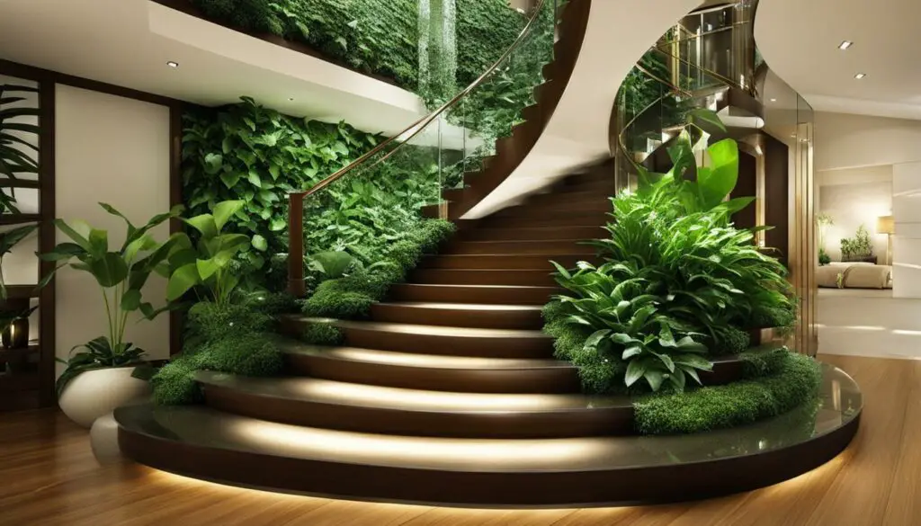 feng shui staircase with crystals and plants