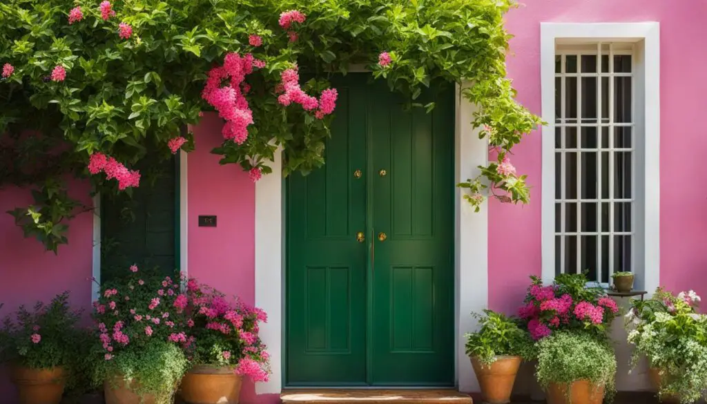 front door with potted plants