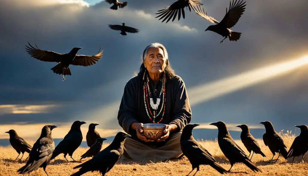 Native American feeding crows