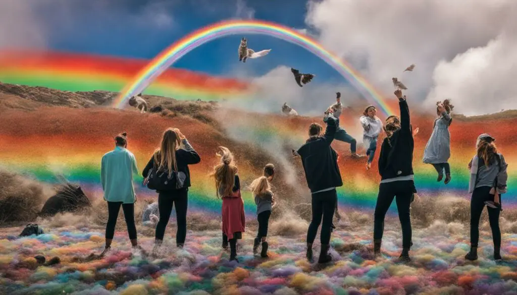 folkore pointing at rainbows